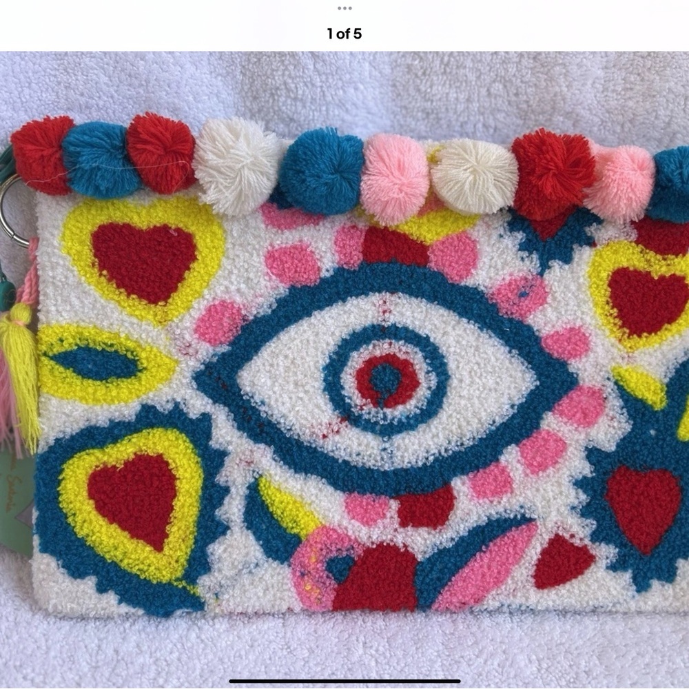Antica Sartoria Heart Colorful Eye Pattern Clutch with Pom Poms NWT